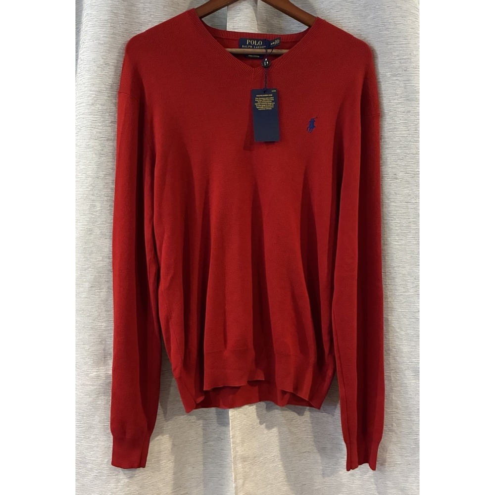 Polo Ralph Lauren Mens Medium Red 100% Pima Cotton Crewneck Sweater Red Pony
